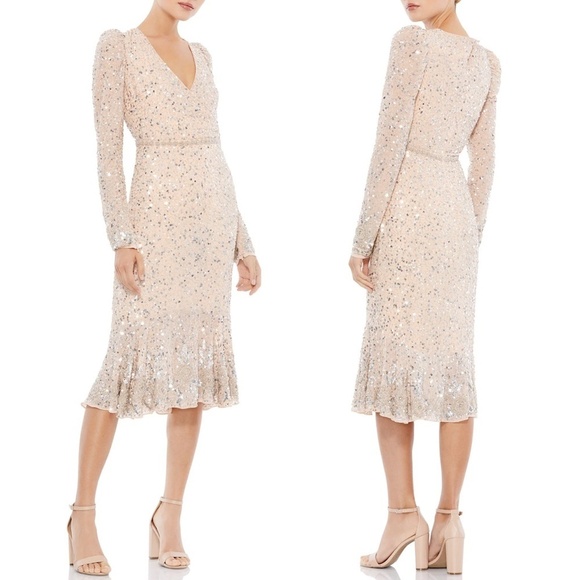 NEW Mac Duggal Sequin Midi Dress with Embellished Hemlin and Belt in Nud… - Picture 1 of 4